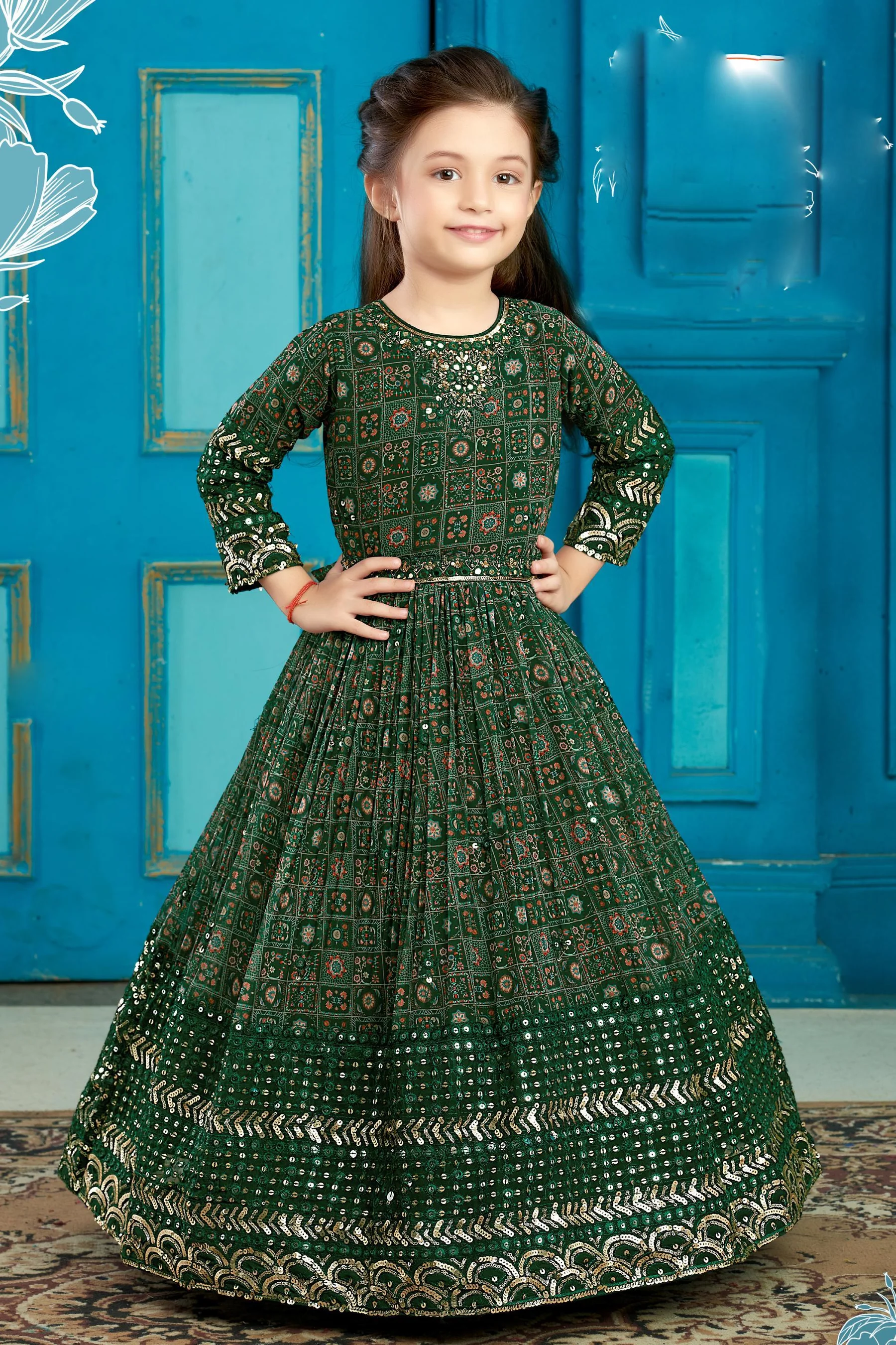 Green Mirror, Stone, Sequins and Thread work with Digital Print Long Party Gown